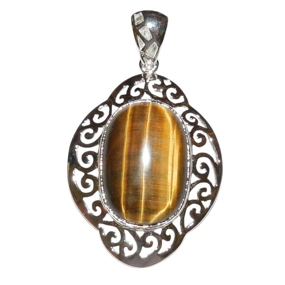 NWOT Tiger's Eye 61mm Oval Filigree Swirl Silver Plated Pendant with Bail P1554 - Picture 1 of 1